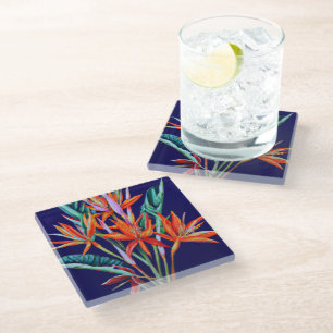 Posavasos De Vidrio Heliconia tropical en los apisonados de vidrio azu