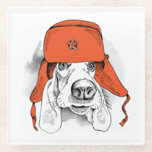 Posavasos De Vidrio Herido de Basset Gorra Rojo Ushanka