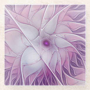 Posavasos De Vidrio Hermosa Flor Rosa Arte Fractal Abstracto Moderno