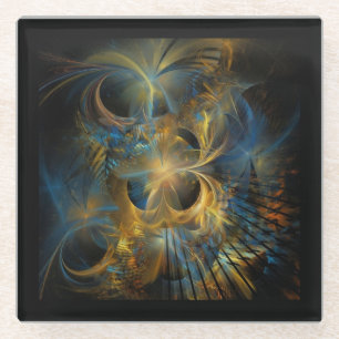 Posavasos De Vidrio Hermosa Fractal Azul y Dorado