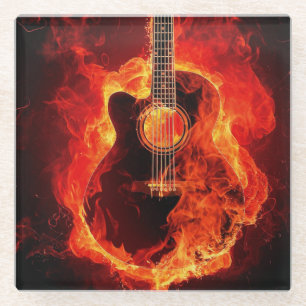 Posavasos De Vidrio Hermosa imagen de guitarra en llamas