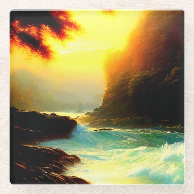 Posavasos De Vidrio Hermosa montaña de arte fluvial (Anverso)