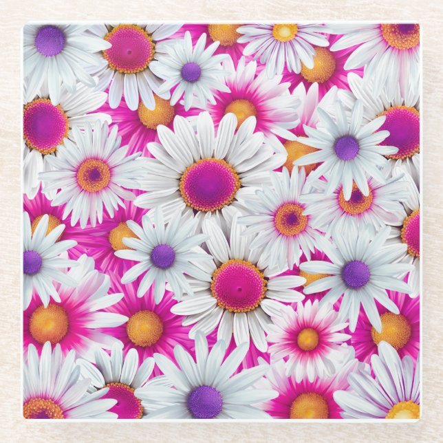 Posavasos De Vidrio Hermosa montaña de flores margueritas (Anverso)