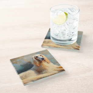 POSAVASOS DE VIDRIO HERMOSA PINTURA DE UN PERRO AFGANO DE LA HUERTA