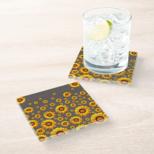 Posavasos De Vidrio Hermosas flores amarillas sobre fondo gris