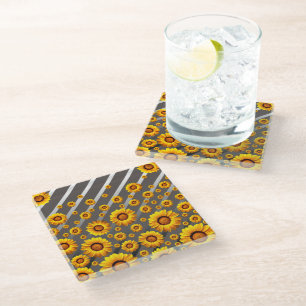 Posavasos De Vidrio Hermosas flores amarillas sobre rayas grises y pla