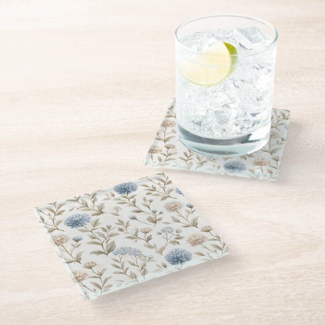 Posavasos De Vidrio Hermosas Flores Azules Crema (Angular)