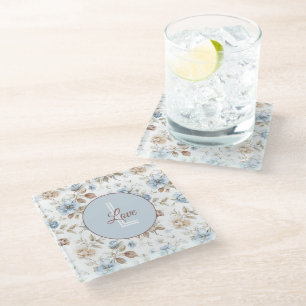 Posavasos De Vidrio Hermosas Flores Azules Crema Marrón Claro Marrón