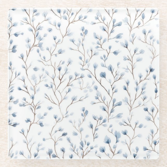 Posavasos De Vidrio Hermosas Flores Blancas Azules   (Anverso)