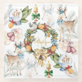 Posavasos De Vidrio Hermoso Deer Watercolor Navidad Nombre de familia