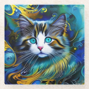 Posavasos De Vidrio Hermoso gato místico en blues y goles