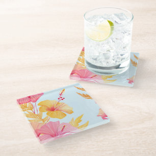 Posavasos De Vidrio Hermoso Hibisco Acuarela de Flor Tropical