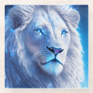 Posavasos De Vidrio Hermoso león místico blanco con ojos azules