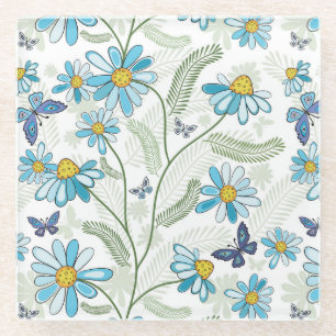 Posavasos De Vidrio Hermoso patrón de floral azul Pastel dibujado a ma