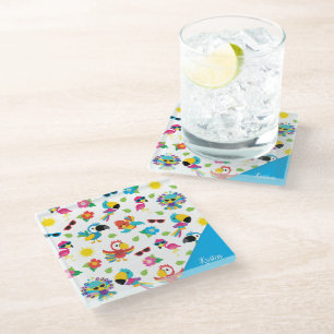 Posavasos De Vidrio Hermoso patrón de paraíso colorido de aves tropica