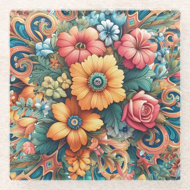 Posavasos De Vidrio Hermoso ramo de flores (Anverso)