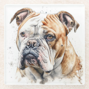 POSAVASOS DE VIDRIO HERMOSO ROSTRO DE BULLDOG BLANCO MARRÓN