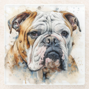 POSAVASOS DE VIDRIO HERMOSO ROSTRO DE BULLDOG BLANCO MARRÓN