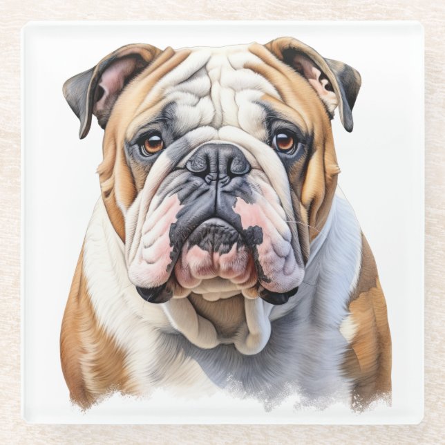 POSAVASOS DE VIDRIO HERMOSO ROSTRO DE BULLDOG BLANCO MARRÓN (Anverso)