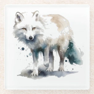 Posavasos De Vidrio Hermoso zorro polar en color blanco y azul