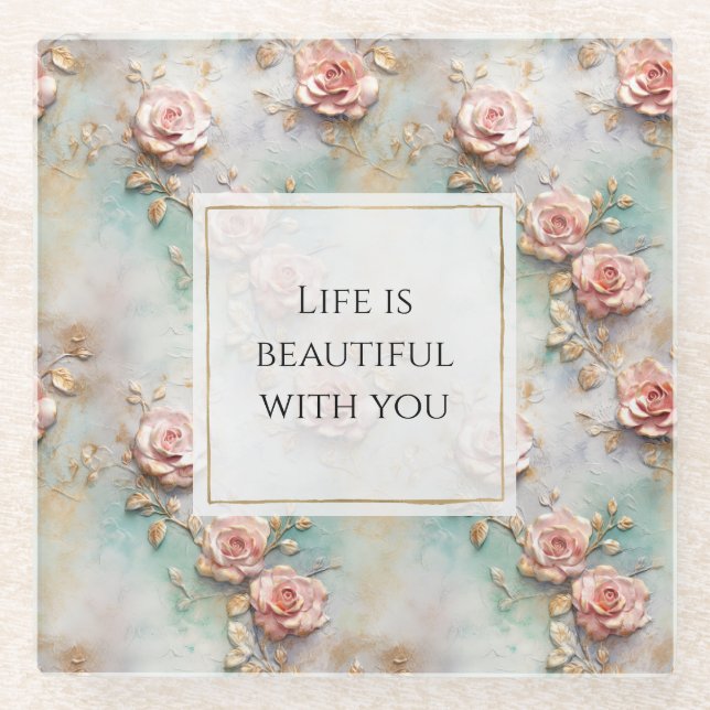 Posavasos De Vidrio Hermosos Rosas románticos rosados de Rubor (Anverso)