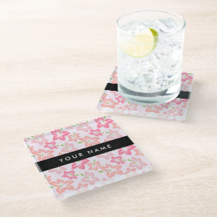 Posavasos De Vidrio Hibisco Rosa, Flores Rosadas, Tu Nombre