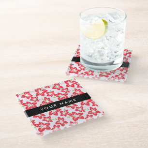 Posavasos De Vidrio Hibiscus Rojo, Flores Rojas, tu nombre