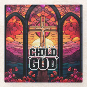 Posavasos De Vidrio Hijo de Dios Cruz de Vidrio Pintado Puesta del Sol