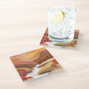 Posavasos De Vidrio Hogar de Otoño   Paisaje en Acuarela de Foliaje de