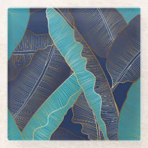 Posavasos De Vidrio Hoja de Banana Dorada: Patrón de Lujo.