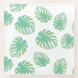Posavasos De Vidrio Hoja de Monstera Tropical Verde Acuarela