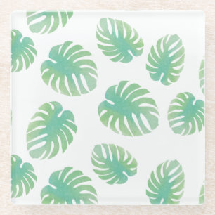 Posavasos De Vidrio Hoja de Monstera Tropical Verde Acuarela