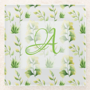 Posavasos De Vidrio Hojas Botánicas Acuarela Verde Deco Monogramadas
