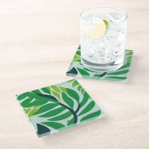 Posavasos De Vidrio Hojas Botánicas Verdes Acuarela