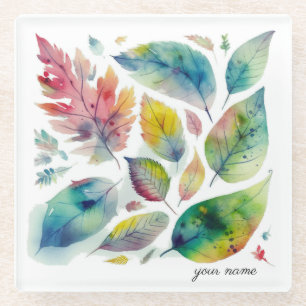 Posavasos De Vidrio Hojas coloridas en acuarela, personalizable