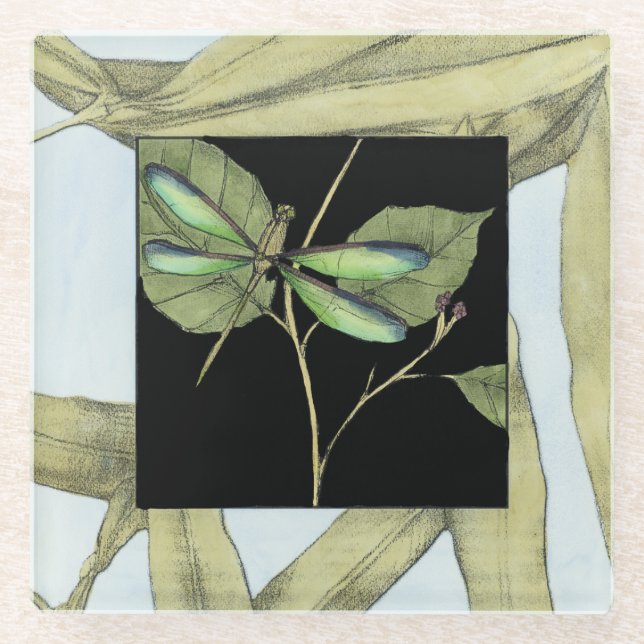 Posavasos De Vidrio Hojas con la inserción de la libélula de Jennifer (Anverso)