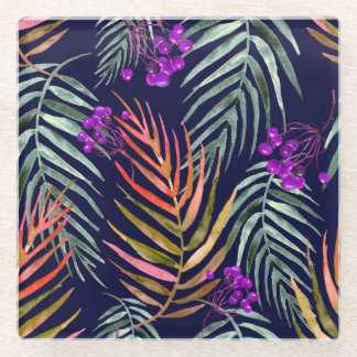 Posavasos De Vidrio Hojas de acuarela tropical, salpicaduras abstracta