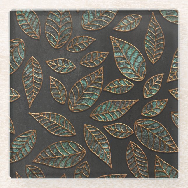 Posavasos De Vidrio Hojas de cobre: textura de grunge negro. (Anverso)