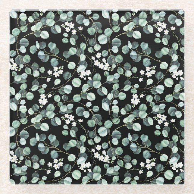 Posavasos De Vidrio Hojas de eucalipto: Patrón de flores blancas (Anverso)