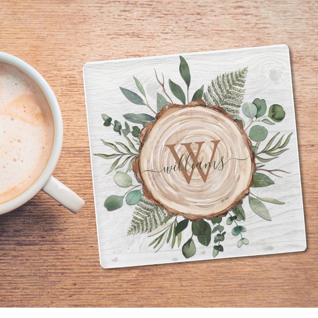 Posavasos De Vidrio Hojas de eucalipto verde Monogram Foliage Madera (In situ)