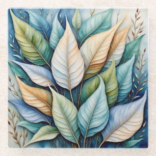 Posavasos De Vidrio Hojas de latte dorado verde azul
