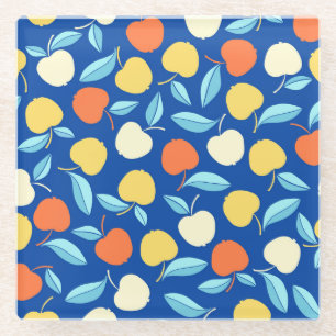 Posavasos De Vidrio Hojas de manzanas, fondo azul, patrón sin costuras