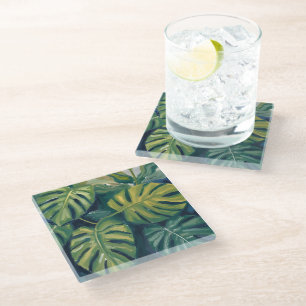 Posavasos De Vidrio Hojas de Monstera Acuarela Botánica