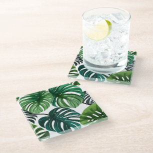 Posavasos De Vidrio Hojas de Monstera Acuarela Botánica Moderna