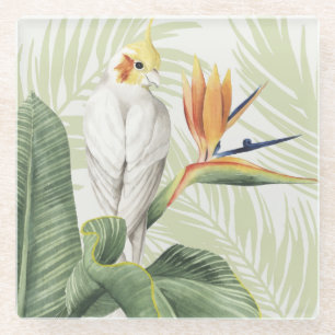 Posavasos De Vidrio Hojas de palma con pájaro blanco