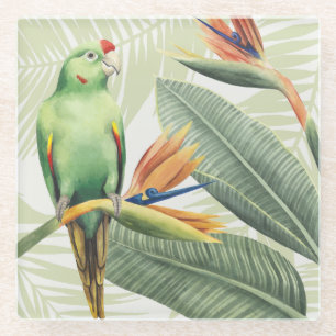 Posavasos De Vidrio Hojas de palma con pájaro verde