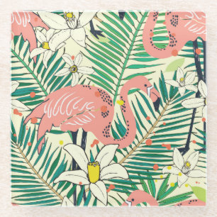 Posavasos De Vidrio Hojas de palma de Flamingo: Vintage tropical