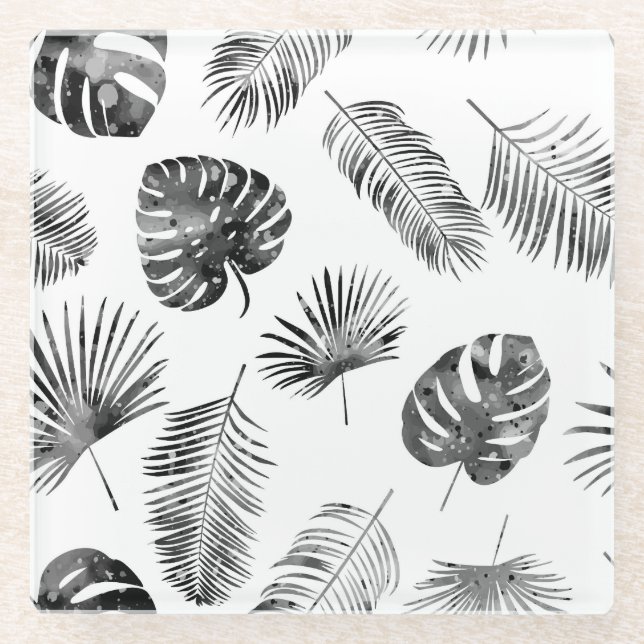 Posavasos De Vidrio Hojas de palma negras: inmaculadas. (Anverso)