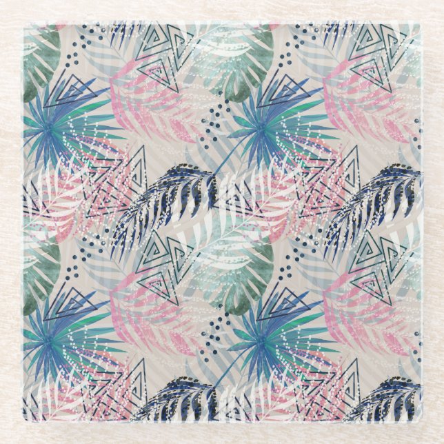 Posavasos De Vidrio Hojas de palma, tropicales, botánicas, hojas, jung (Anverso)