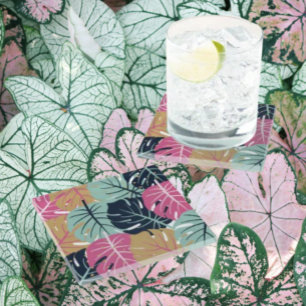 Posavasos De Vidrio Hojas de Palma Tropicales en Rosa y Azul  